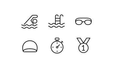 Plakat Minimalist swimming icons set featuring pool, goggles, stopwatch, and medal