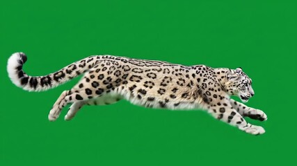 A running snow leopard with a full tail on a plain green background midmotion and sleek