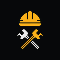 Construction Tools Logo Yellow Helmet with Tools for Builders, Mechanics or Electricians