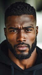 Fototapeta premium A stylish black man with a well-groomed beard and short hair exudes confidence in an urban backdrop, perfecting a bold, bad boy aesthetic Generative AI
