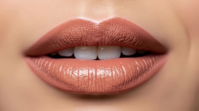 Woman's glossy nude lipstick application and perfect lip movement, showcasing makeup, beauty, and cosmetic concepts, footage.
