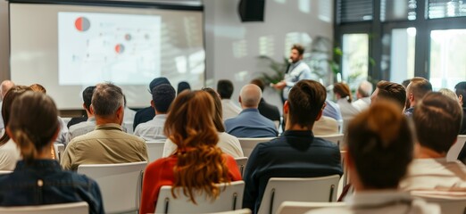 Participants are seated, attentively listening to a presenter discussing various topics during a conference in a well-lit space Generative AI
