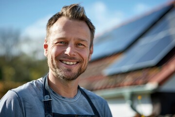 Fototapeta premium A man in his thirties dressed in work attire stands outside, smiling brightly, with solar panels visible on the roof behind him Generative AI