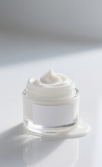 Moisturizer cream overflowing slightly on the edge of a glass jar with blank label