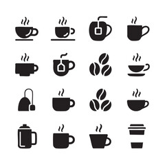 Obraz premium Hot beverage cups tea bags coffee beans and travel mug icons coffee cup tea cup