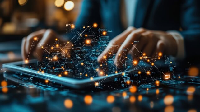 Business management and network technology. Businessperson using tablet computer. Network structure and business icons. Business innovation technology.