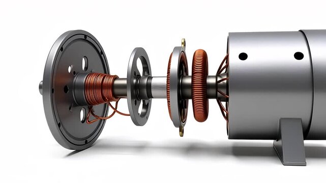 Exploded view of an electric motor reveals internal copper windings and metallic components for technical industrial or engineering presentations.