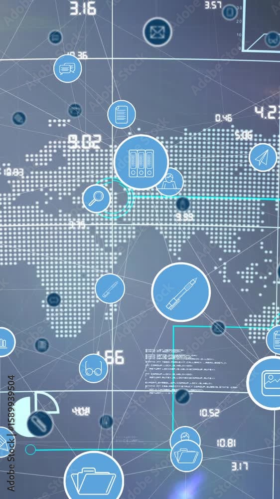 Poster animation of network of connections with digital icons over world map in background