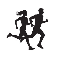 Silhouettes of a man and woman running side by side jogging fitness