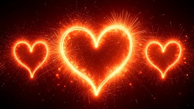 Trio of luminous orange hearts glowing with warm energy across a black backdrop perfect for relationship advertising headers.