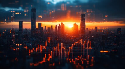 Obraz premium Business management data and economic indicator. Financial and statistical information. Many graphs and charts on background of tall buildings.