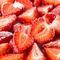 Frozen strawberry halves arranged in pattern on white background, close-up