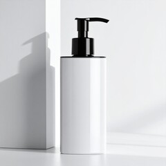 Obraz premium Minimalist pump bottle mockups for cosmetics or liquid soap on white background, clean packaging design