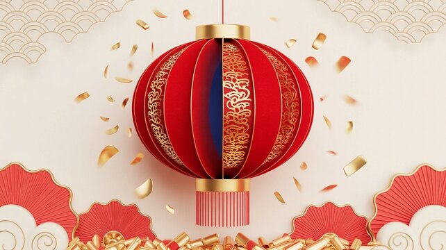 Luna new year, Festive Red Lantern with Gold Accents and Falling Confetti Celebration