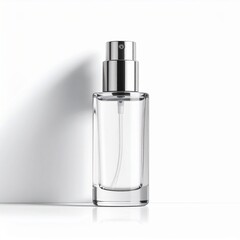 AI generated mockup of elegant glass perfume bottle with transparent cap isolated on light background
