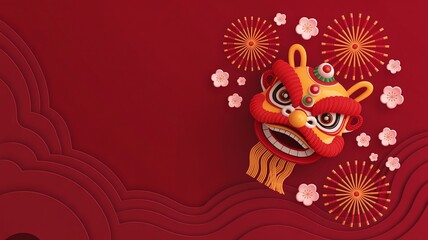 Obraz premium Luna new year, Festive Chinese New Year Lion Dance Head with Floral and Firework Elements