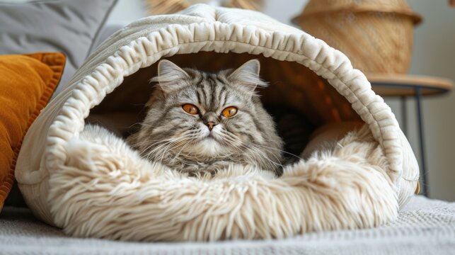 A fluffy cat relaxes in a heated bed with a luxurious fleece cover, enjoying warmth and comfort in a cozy indoor setting - Powered by Adobe