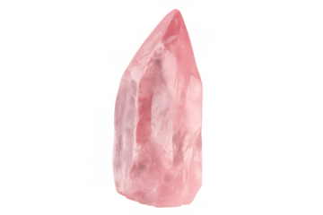 Polished rose quartz crystal point displaying sharp geometric facets, gleaming against pristine transparent backdrop