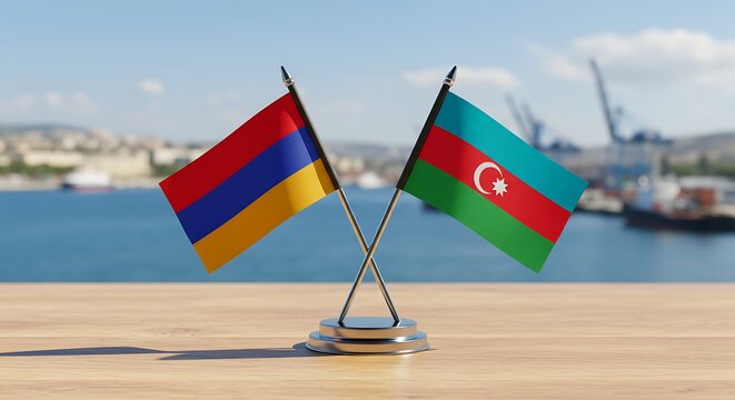 Armenia and Azerbaijan crossed flags on a wooden surface with blurred background - Powered by Adobe