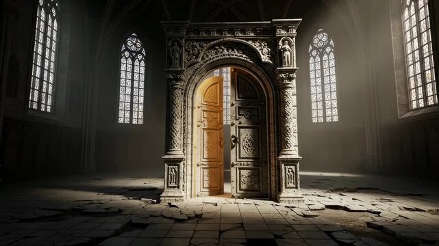Ancient mysterious grand door opening in a dark hall with gothic windows symbolizing a fantasy portal, footage.