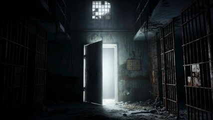 Dark abandoned prison cell block with open door leading to glowing light, hope and escape concept animation. - Powered by Adobe