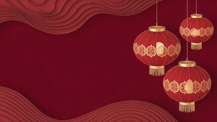 Naklejka premium Luna new year, Elegant Chinese Lanterns with Ornate Gold Details Against a Rich Red Background