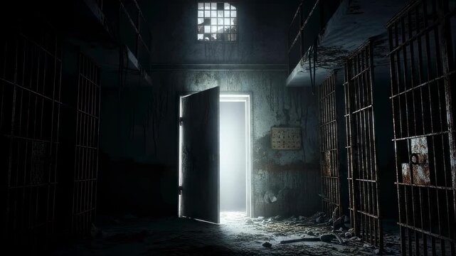 Dark abandoned prison cell block with open door leading to glowing light, hope and escape concept animation.