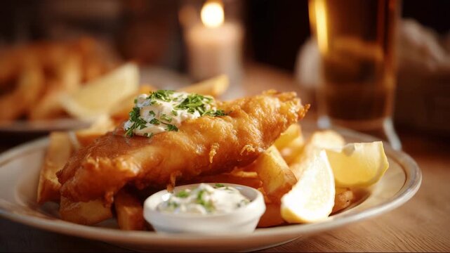 Fried fish and chips served with lemon and tartar sauce on plate  