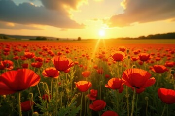 Golden sunlight streams through a sea of poppies, sky, wildflowers, landscape