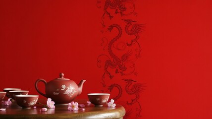 Luna new year, Elegant tea set with floral details and dragon motif on a vibrant red background