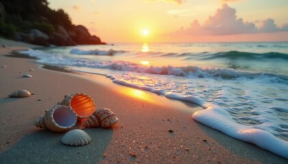 Obraz premium Golden sunrise reflects on gentle waves, seashells adorn the tranquil sandy shore , relaxing, golden