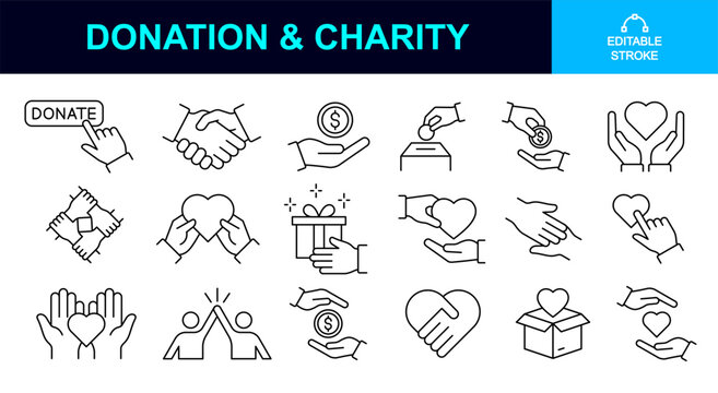 charity editable icon set. donate, support, volunteering, kindness, care, friendship, trust, love, sympathy, humanity, empathy, loyalty, assistance, sharing etc concept. eps. thin line icons