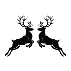 Fototapeta premium Two black silhouetted deer are depicted in a mirrored pose, facing each other on a white background. 