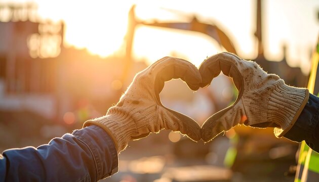 Two hands in work gloves form a heart shape at sunset