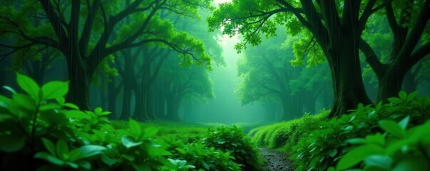 Obraz premium Heavy downpour, lush green canopy, vibrant emerald hues, temperate, landscape, jungle