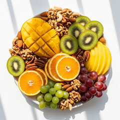 Overhead vibrant fruit platter with sliced mango, kiwi, citrus wedges, grapes and mixed nuts. Bright, diffused natural light copy