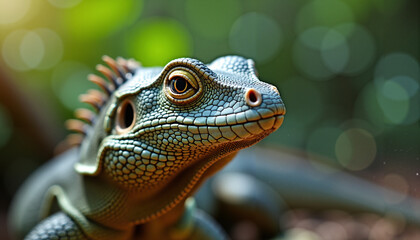 Fototapeta premium Colorful lizard close-up with bokeh background in natural setting 