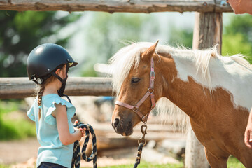 Cute little girl petting a pony in a farm