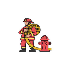 Professional firefighter holding a coiled yellow fire hose next to a red fire hydrant, ready for emergency response.