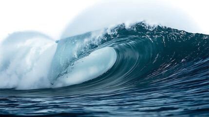 The image features a dynamic ocean wave with blue shades and white foam, capturing its natural energy and beauty. The minimalist composition emphasizes the wave's translucency and fluid motion.
