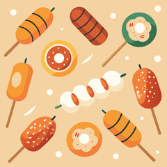Delicious and colorful vector illustration of various fried street food snacks with interesting shapes and attractive patterns.