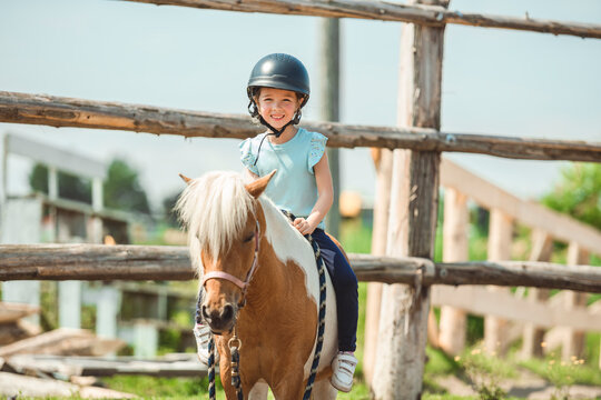 Cute little girl petting a pony in a farm - Powered by Adobe