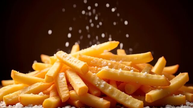 Crispy golden french fries falling with salt crystals captured against a dark background for restaurant menu or food advertising use.