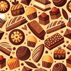 Delightful chocolate dessert seamless pattern with various cakes cupcakes and brownies perfect for fruit