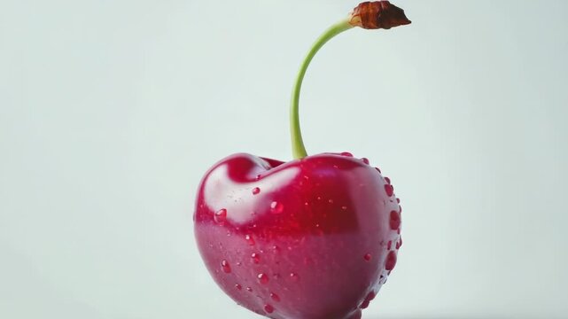A single cherry with water droplets glistening on its surface