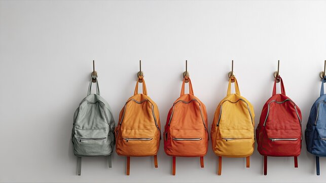 Colorful backpacks hanging on a white wall