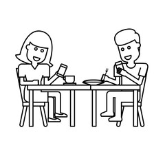 Illustration of a Man And Woman Checking Phone When Eating