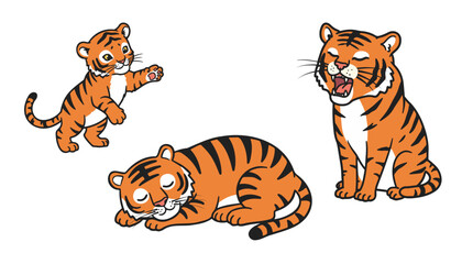 Fototapeta premium Cute vector tiger illustrations collection on transparent background