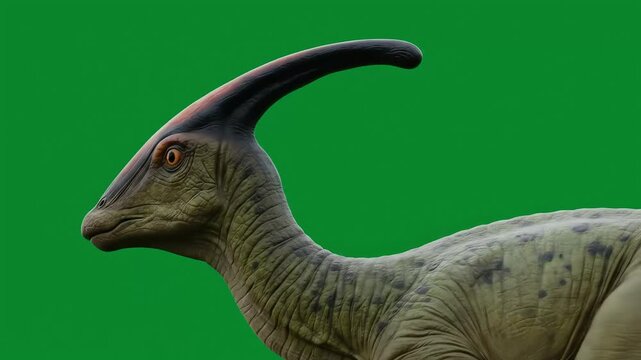 Parasaurolophus with a curved head crest is set against a vivid green backdrop