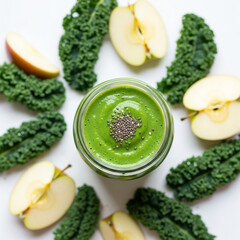 Overhead vibrant green smoothie in glass jar, surrounded by fresh kale and apple slices. Bright daylight and scattered chia seeds copy